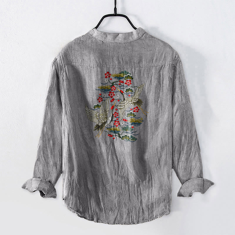 Buddha Stones Crane Pine Tree Flowers Pattern Half Buttons Men's Cotton Linen Long Sleeve Shirt - image 8
