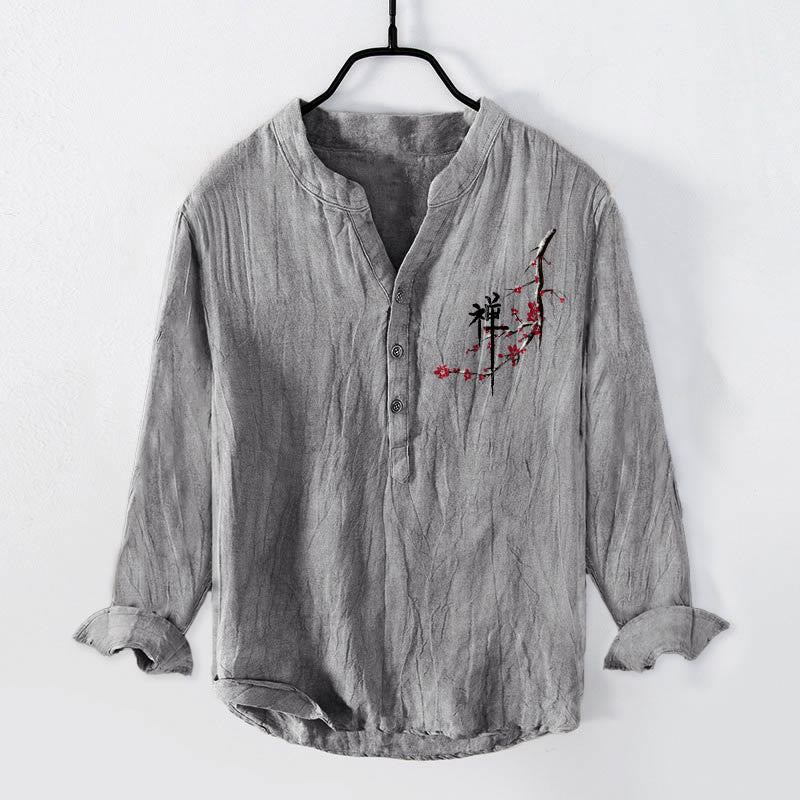 Buddha Stones Red Peach Blossoms Zen Pattern Half Buttons Men's Cotton Linen Long Sleeve Shirt - Gray - US/UK/AU50，EU60 (5XL) - image 3