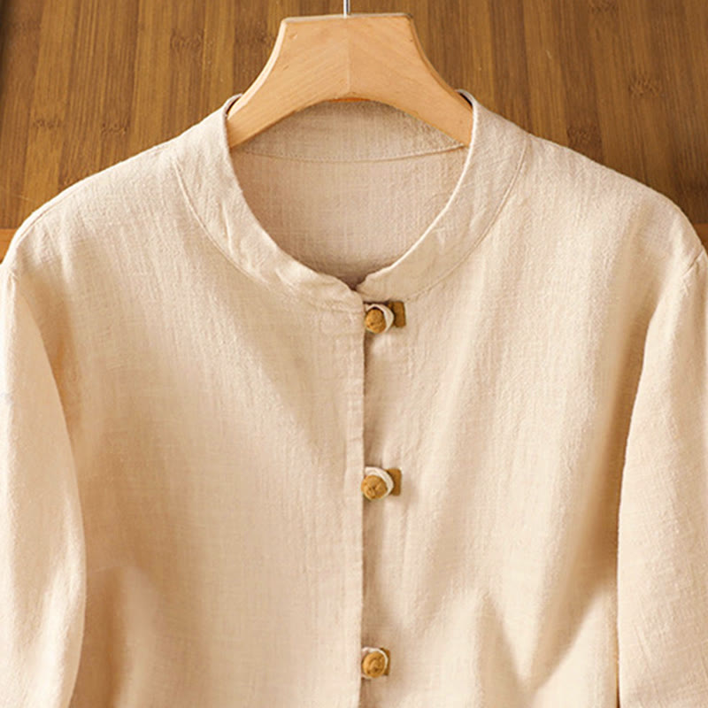 Buddha Stones Color Contrast Design Chinese Frog-Button Long Sleeve Women's Linen Shirt - image 9