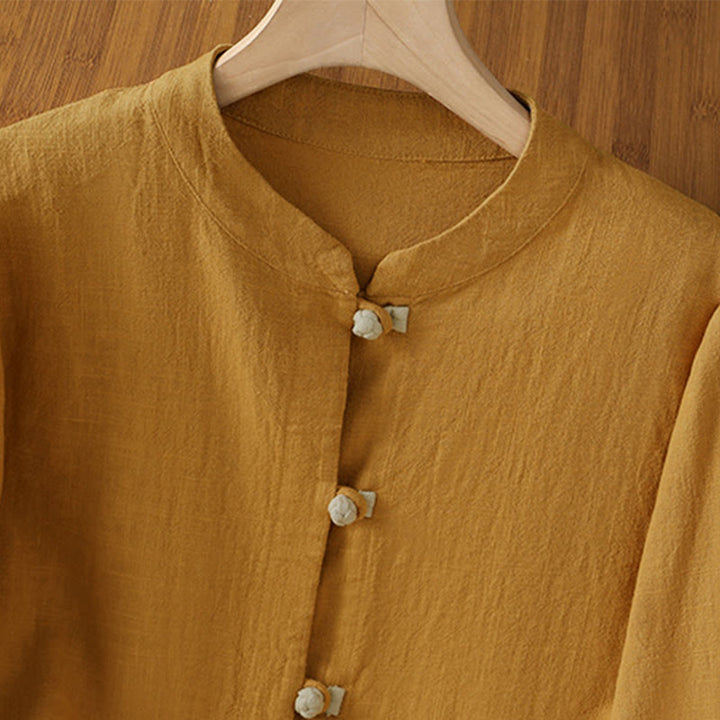 Buddha Stones Color Contrast Design Chinese Frog-Button Long Sleeve Women's Linen Shirt - image 2