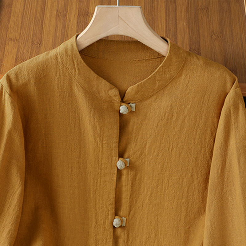 Buddha Stones Color Contrast Design Chinese Frog-Button Long Sleeve Women's Linen Shirt - image 4