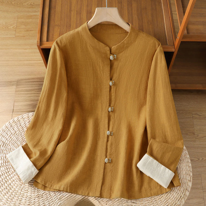 Buddha Stones Color Contrast Design Chinese Frog-Button Long Sleeve Women's Linen Shirt - Goldenrod - US8-10，UK/AU12-14，EU40-42 (2XL) - image 0