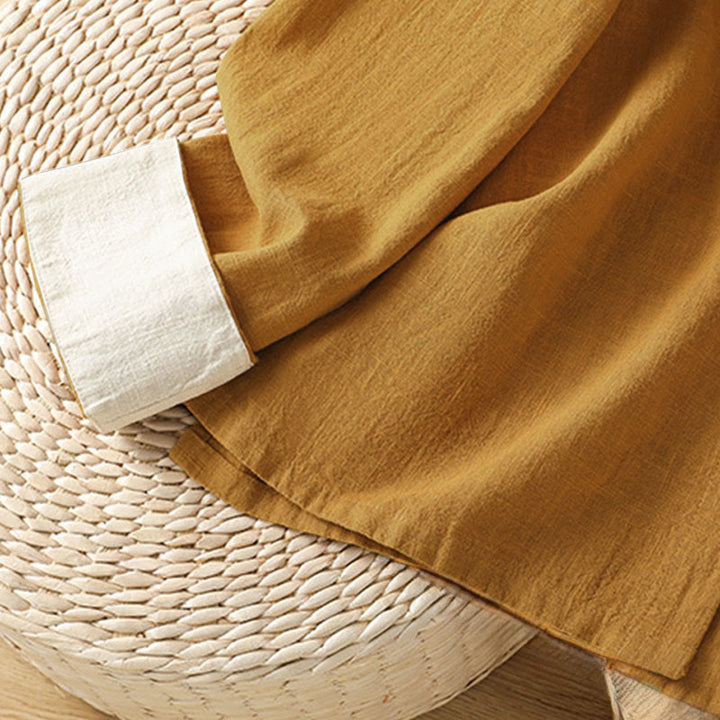 Buddha Stones Color Contrast Design Chinese Frog-Button Long Sleeve Women's Linen Shirt - image 6