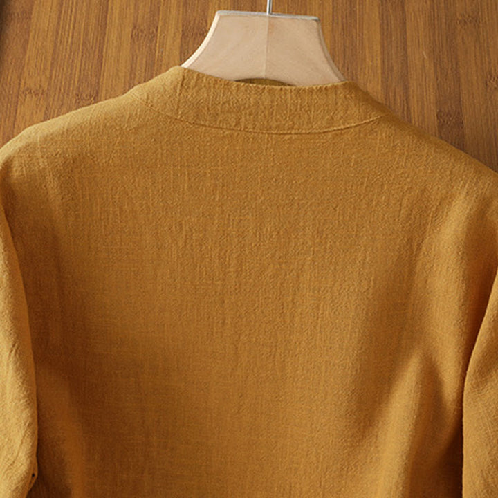 Buddha Stones Color Contrast Design Chinese Frog-Button Long Sleeve Women's Linen Shirt - image 3