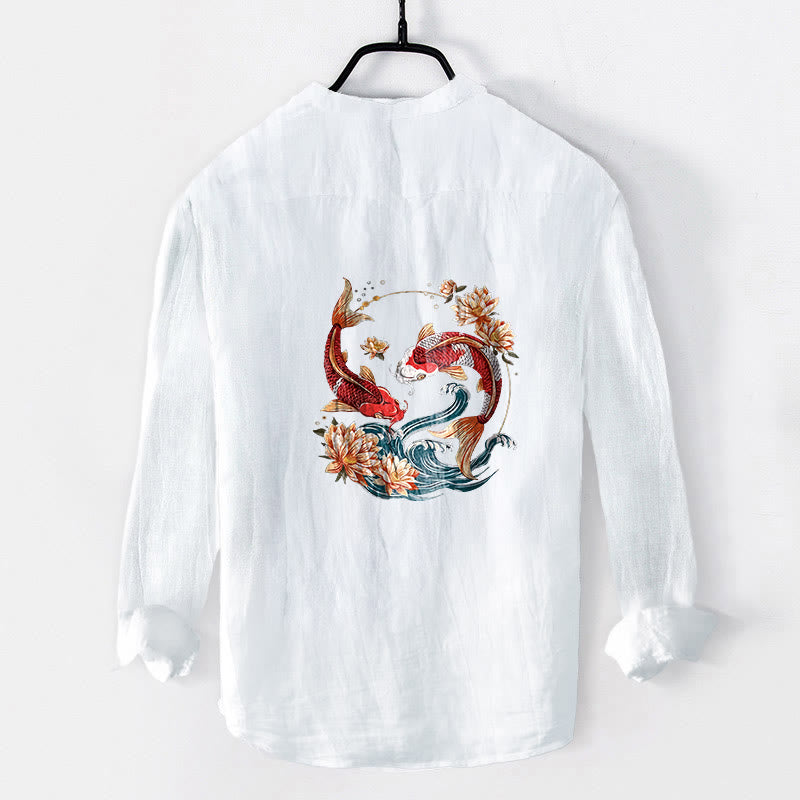 Buddha Stones Koi Fish Lotus Waves Pattern Half Buttons Men's Cotton Linen Long Sleeve Shirt - image 2