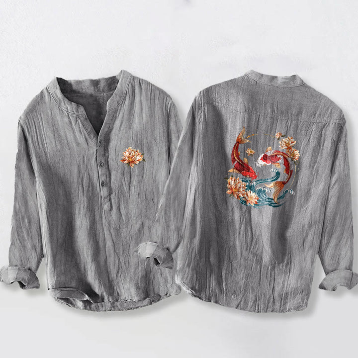 Buddha Stones Koi Fish Lotus Waves Pattern Half Buttons Men's Cotton Linen Long Sleeve Shirt - Gray - US/UK/AU50，EU60 (5XL) - image 6
