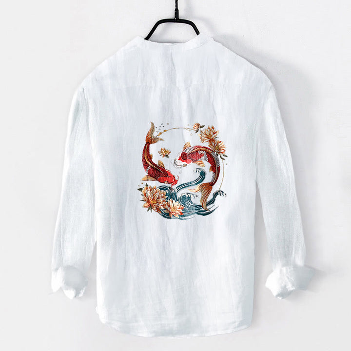 Buddha Stones Koi Fish Lotus Waves Pattern Half Buttons Men's Cotton Linen Long Sleeve Shirt - image 2