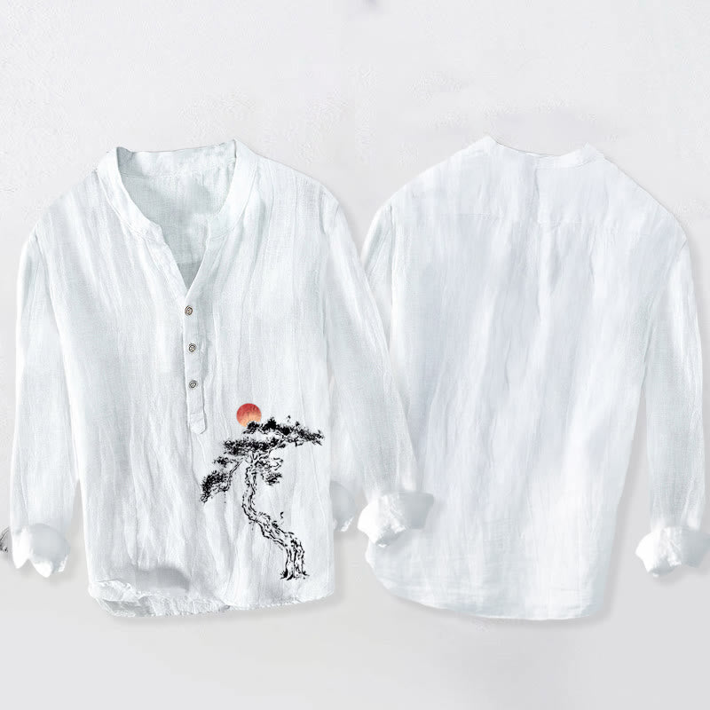 Buddha Stones Pine Tree Red Sun Pattern Half Buttons Men's Cotton Linen Long Sleeve Shirt - image 8