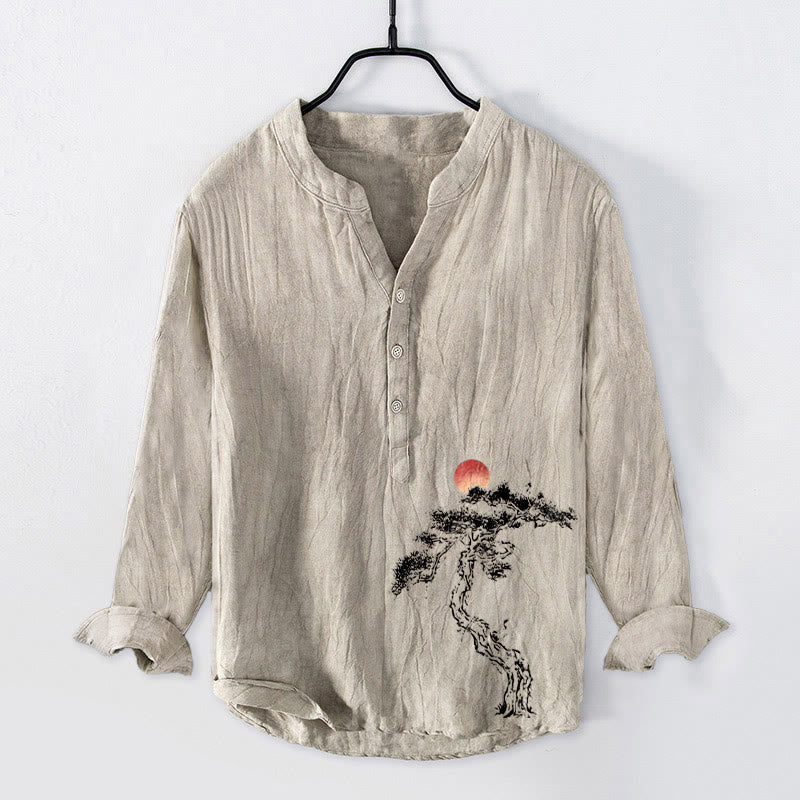 Buddha Stones Pine Tree Red Sun Pattern Half Buttons Men's Cotton Linen Long Sleeve Shirt - Linen - US/UK/AU50，EU60 (5XL) - image 0
