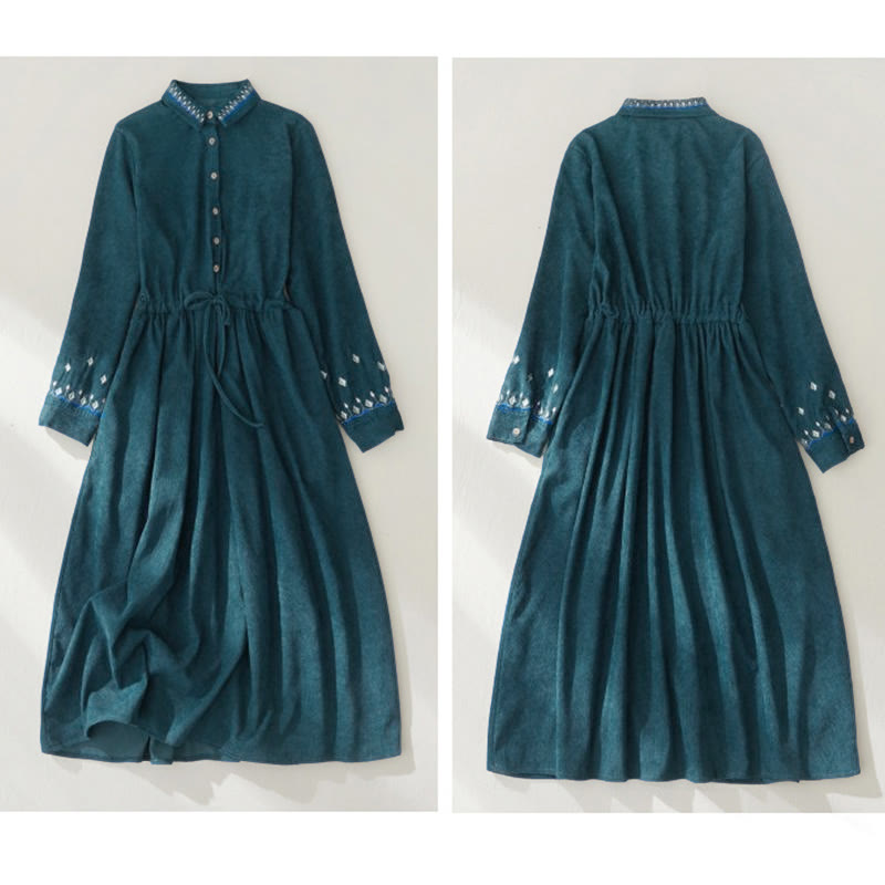 Buddha Stones Embroiderd Floral Pattern Lace -up Design Long Sleeve Midi Dress With Pockets - image 17