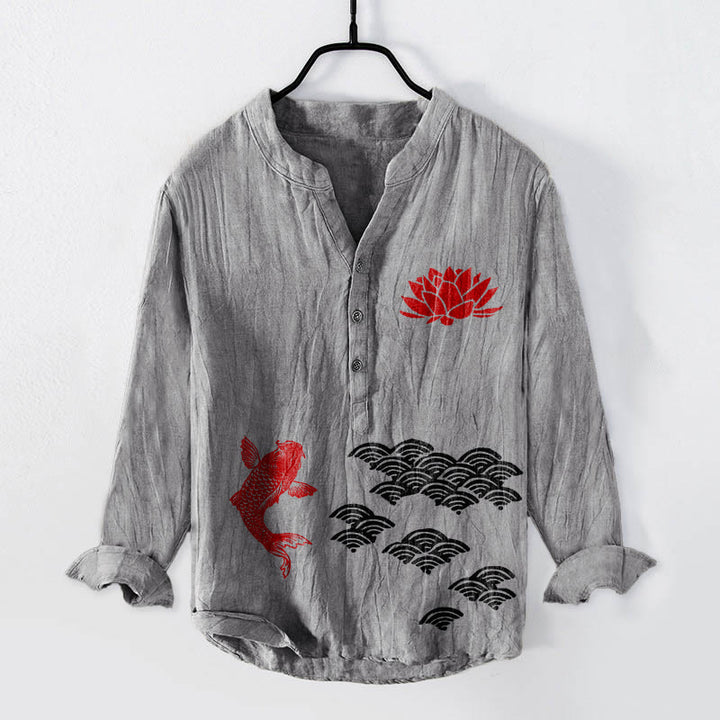 Buddha Stones Koi Fish Lotus Auspicious Clouds Half Buttons Men's Cotton Linen Long Sleeve Shirt - Gray - US/UK/AU50，EU60 (5XL) - image 0