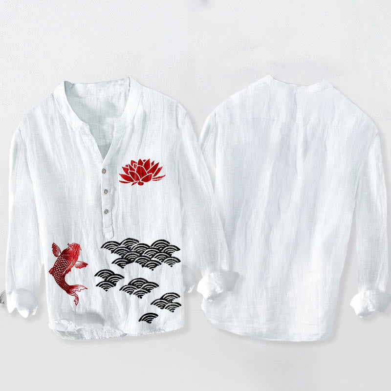 Buddha Stones Koi Fish Lotus Auspicious Clouds Half Buttons Men's Cotton Linen Long Sleeve Shirt - image 5