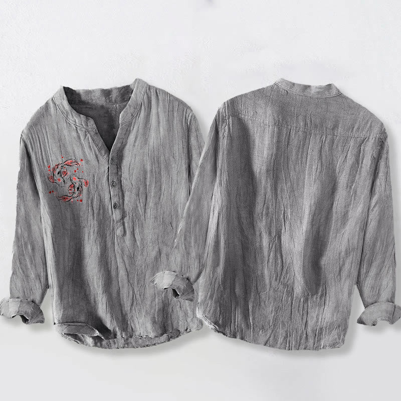 Buddha Stones Koi Fish Yin Yang Pattern Half Buttons Men's Cotton Linen Long Sleeve Shirt - image 5