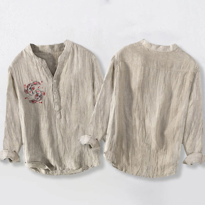 Buddha Stones Koi Fish Yin Yang Pattern Half Buttons Men's Cotton Linen Long Sleeve Shirt - image 2