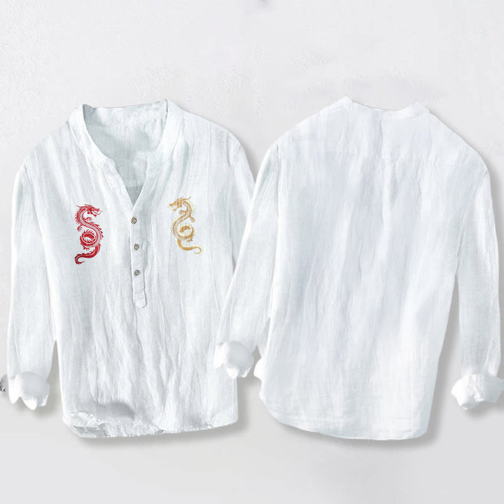 Buddha Stones Double Dragon Pattern Half Buttons Men's Cotton Linen Long Sleeve Shirt - image 5