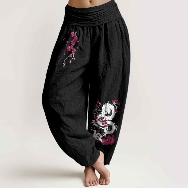 Buddha Stones Dragon Cherry Blossoms Pattern Women's Elastic Waist Harem Cotton Pants - Black - US16，UK/AU20，EU48 (3XL) - image 11