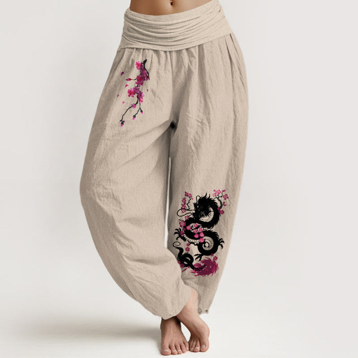 Buddha Stones Dragon Cherry Blossoms Pattern Women's Elastic Waist Harem Cotton Pants - Tan - US16，UK/AU20，EU48 (3XL) - image 5