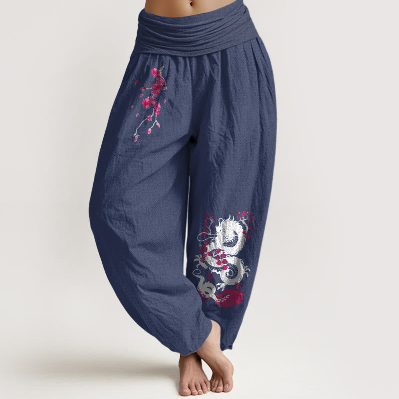 Buddha Stones Dragon Cherry Blossoms Pattern Women's Elastic Waist Harem Cotton Pants - DarkSlateBlue - US16，UK/AU20，EU48 (3XL) - image 14