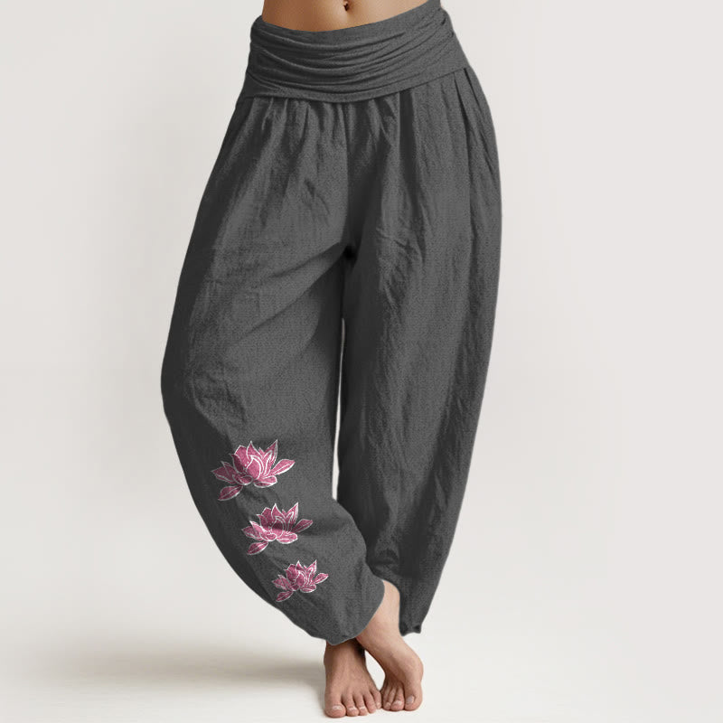 Buddha Stones Casual Lotus Pattern Pure Cotton Women's Elastic Waist Harem Pants - DimGray - US16，UK/AU20，EU48 (3XL) - image 0