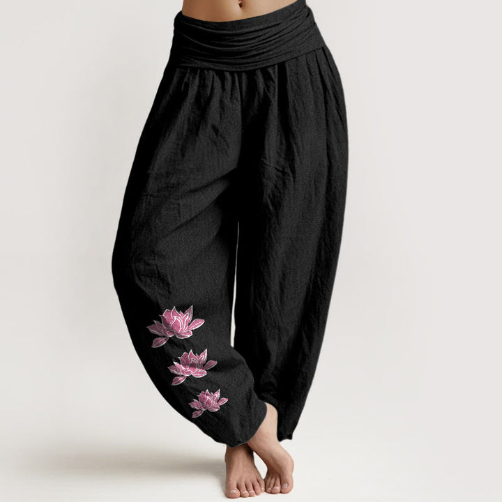 Buddha Stones Casual Lotus Pattern Pure Cotton Women's Elastic Waist Harem Pants - Black - US16，UK/AU20，EU48 (3XL) - image 11