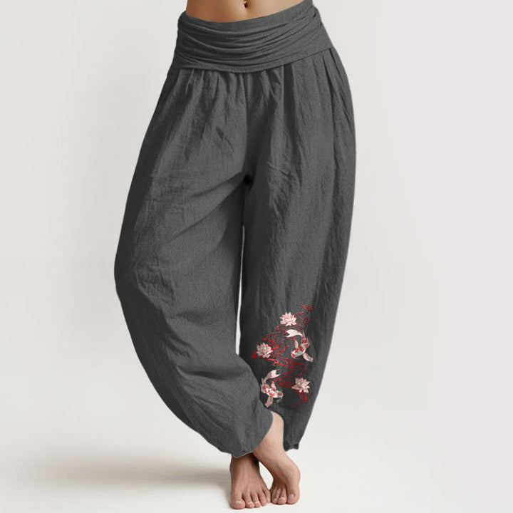 Buddha Stones Pure Cotton Lotus Koi Fish River Pattern Women's Elastic Waist Harem Pants - DimGray - US16，UK/AU20，EU48 (3XL) - image 8