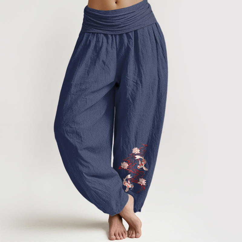 Buddha Stones Pure Cotton Lotus Koi Fish River Pattern Women's Elastic Waist Harem Pants - DarkSlateBlue - US16，UK/AU20，EU48 (3XL) - image 5