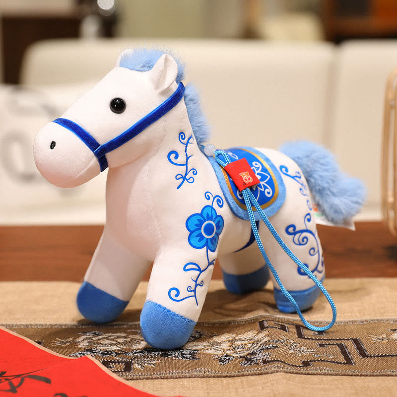 Buddha Stones Year of the Horse Bamboo Dragon Lotus Phoenix Plush Doll Home Decoration - Blue Flower Horse - 20cm - image 24