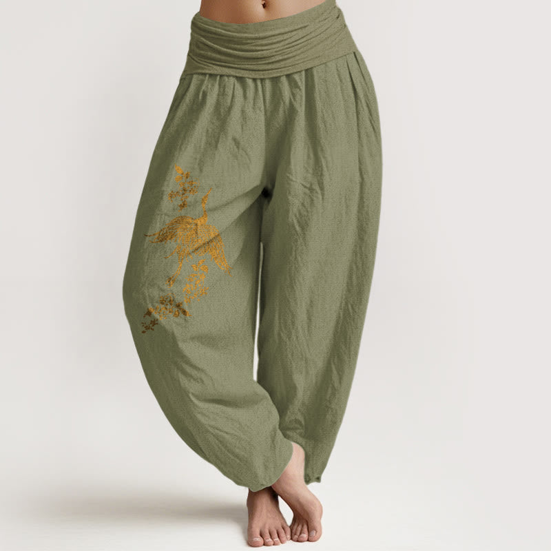 Buddha Stones Crane Floral Leaves Pattern Women's Elastic Waist Harem Cotton Pants - OliveDrab - US16，UK/AU20，EU48 (3XL) - image 14