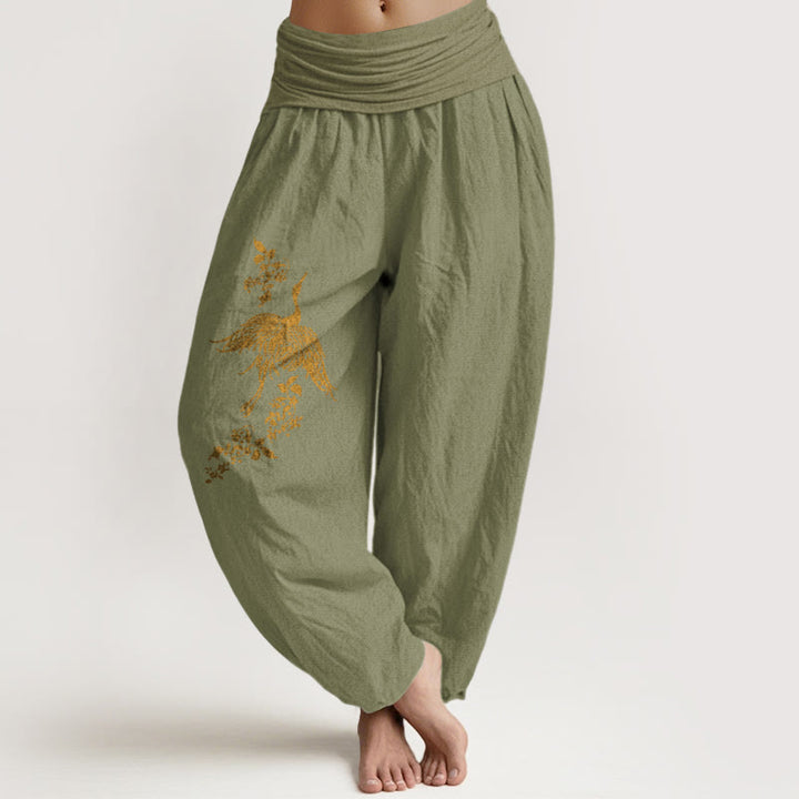 Buddha Stones Crane Floral Leaves Pattern Women's Elastic Waist Harem Cotton Pants - OliveDrab - US16，UK/AU20，EU48 (3XL) - image 14