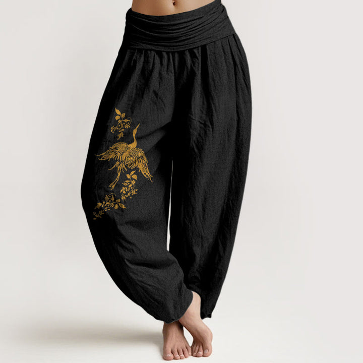 Buddha Stones Crane Floral Leaves Pattern Women's Elastic Waist Harem Cotton Pants - Black - US16，UK/AU20，EU48 (3XL) - image 0