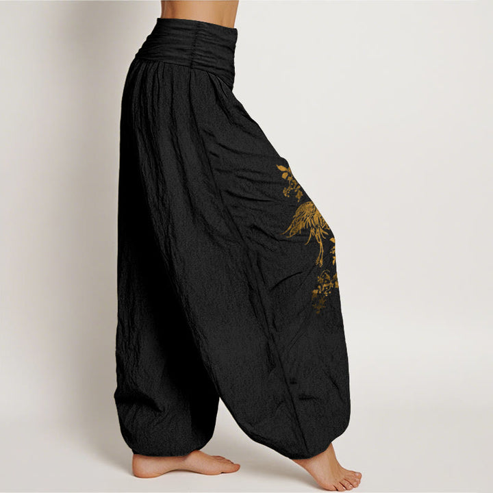 Buddha Stones Crane Floral Leaves Pattern Women's Elastic Waist Harem Cotton Pants - image 2