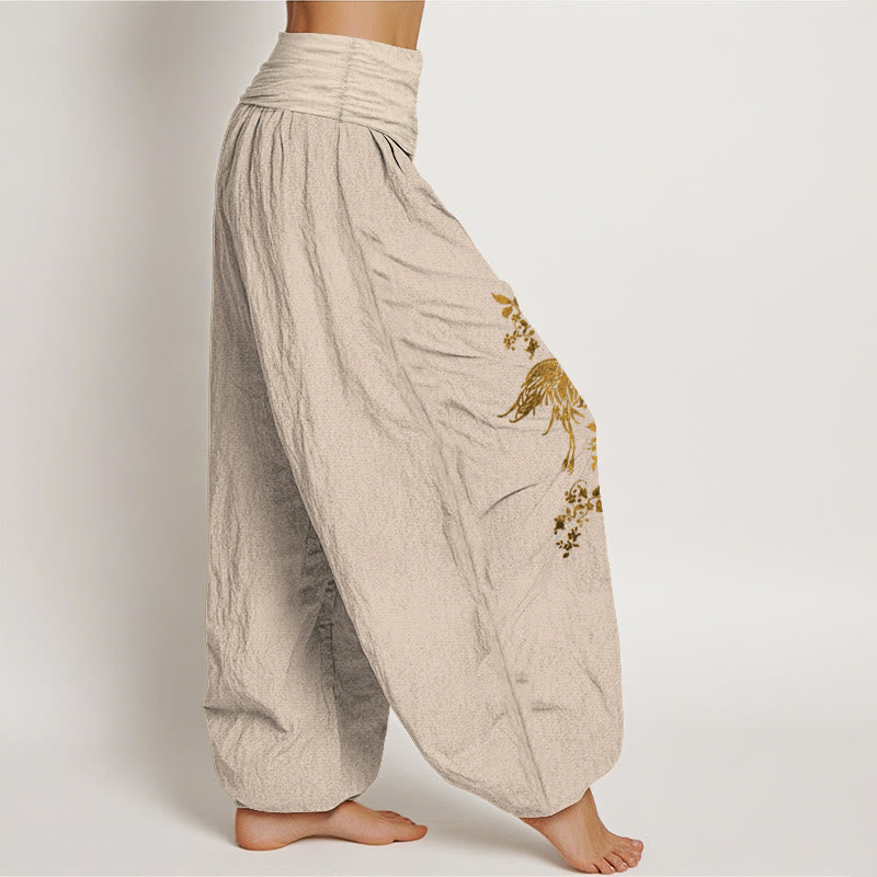 Buddha Stones Crane Floral Leaves Pattern Women's Elastic Waist Harem Cotton Pants - image 13