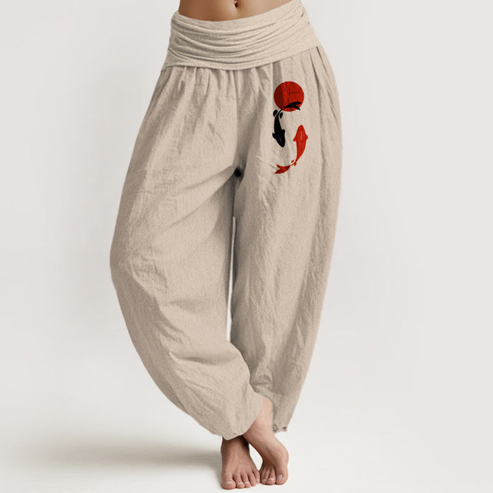 Buddha Stones Koi Fish Red Sun Pattern Pure Cotton Women's Elastic Waist Harem Pants - Tan - US16，UK/AU20，EU48 (3XL) - image 8
