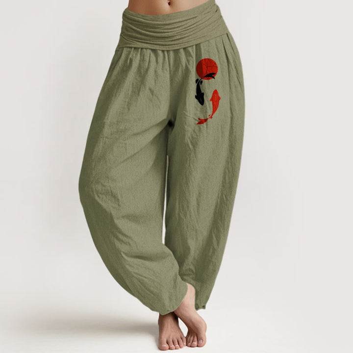 Buddha Stones Koi Fish Red Sun Pattern Pure Cotton Women's Elastic Waist Harem Pants - OliveDrab - US16，UK/AU20，EU48 (3XL) - image 11