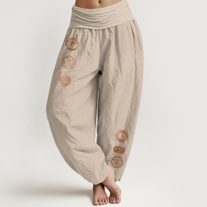 Buddha Stones Casual Chakra Symbol Pattern Pure Cotton Women's Elastic Waist Harem Pants - Tan - US16，UK/AU20，EU48 (3XL) - image 11