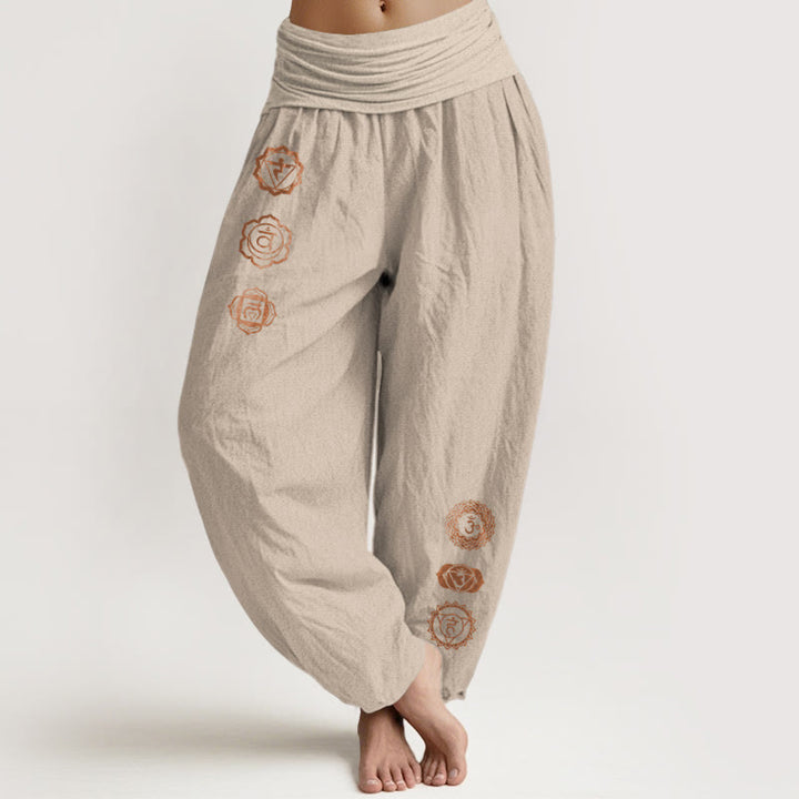 Buddha Stones Casual Chakra Symbol Pattern Pure Cotton Women's Elastic Waist Harem Pants - Tan - US16，UK/AU20，EU48 (3XL) - image 11