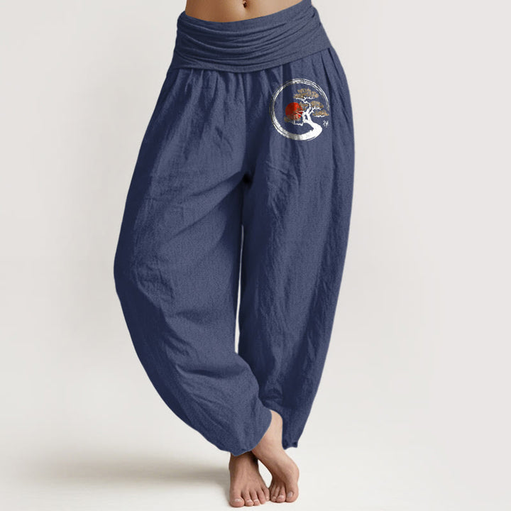 Buddha Stones Pine Tree Red Sun Zen Character Pattern Pure Cotton Women's Elastic Waist Harem Pants - DarkSlateBlue - US16，UK/AU20，EU48 (3XL) - image 11