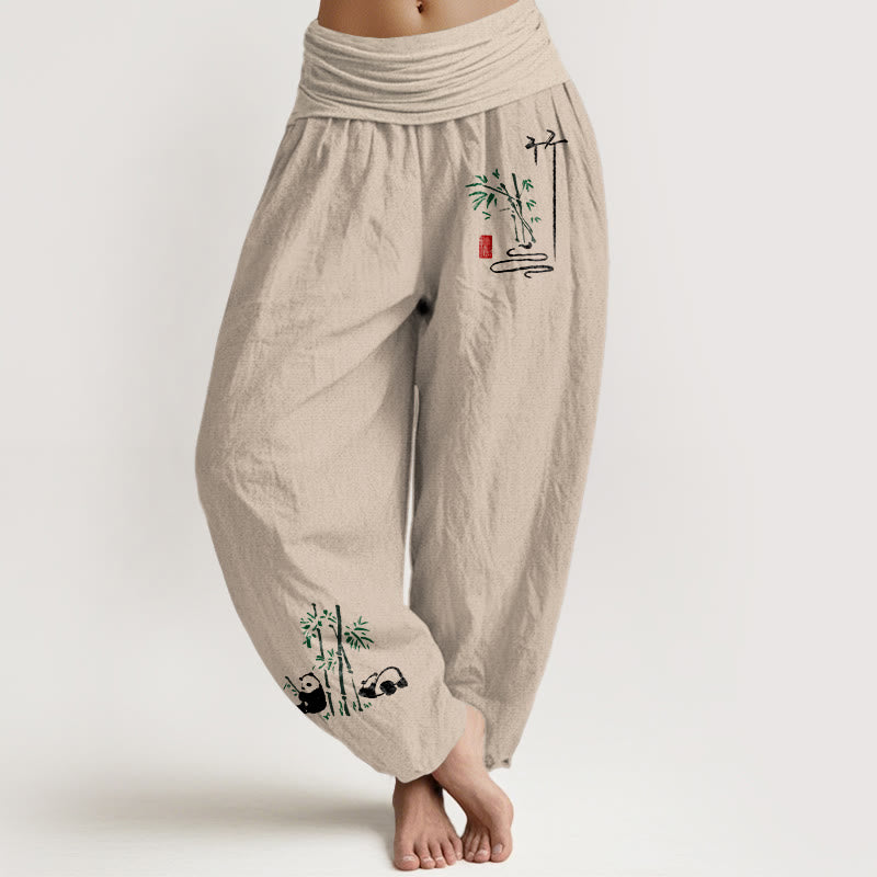 Buddha Stones Panda Bamboo Leaves Pattern Pure Cotton Women's Elastic Waist Harem Pants - Tan - US16，UK/AU20，EU48 (3XL) - image 11