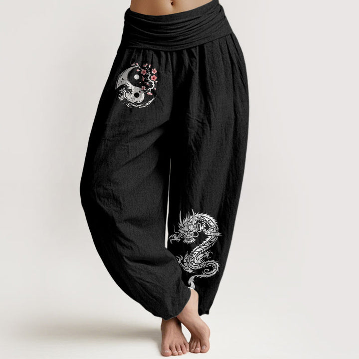 Buddha Stones Dragon Yin Yang Waves Flower Pattern Pure Cotton Women's Elastic Waist Harem Pants - Black - US16，UK/AU20，EU48 (3XL) - image 0