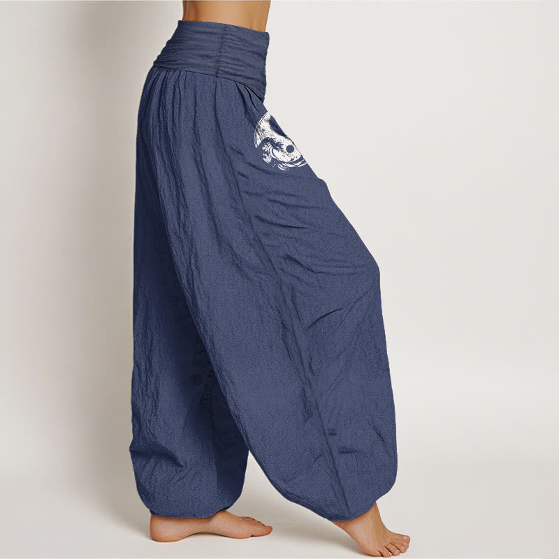 Buddha Stones Dragon Yin Yang Waves Flower Pattern Pure Cotton Women's Elastic Waist Harem Pants - image 7