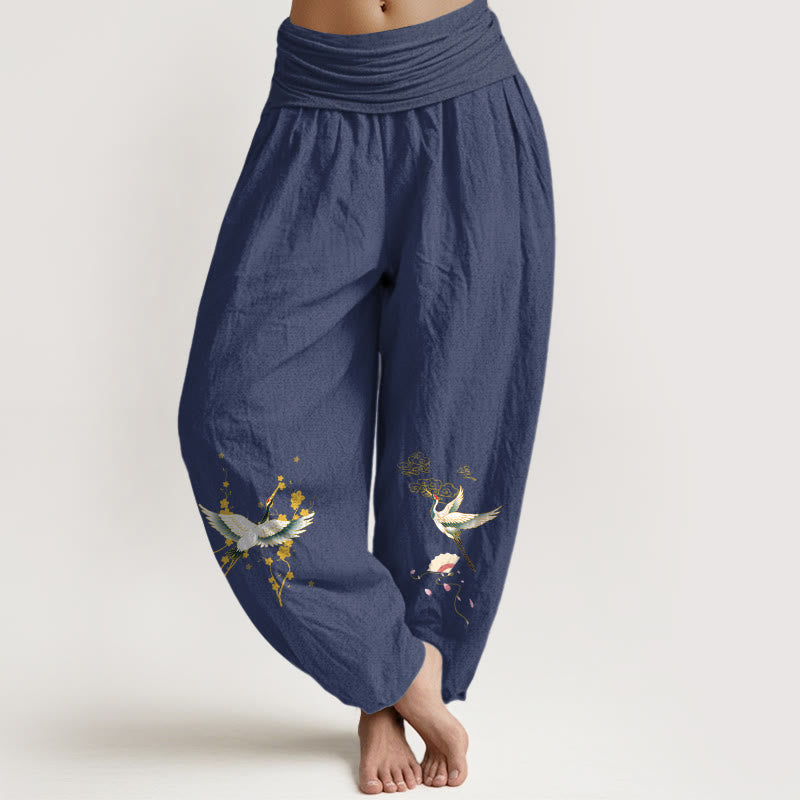 Buddha Stones Crane Auspicious Clouds Flower Pattern Pure Cotton Women's Elastic Waist Harem Pants - DarkSlateBlue - US16，UK/AU20，EU48 (3XL) - image 14