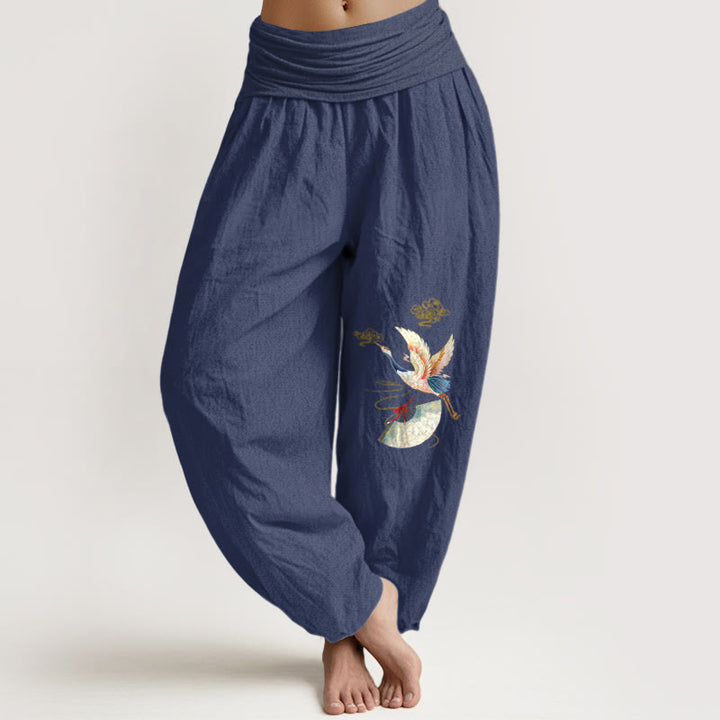 Buddha Stones Crane Folding Fan Auspicious Clouds Pattern Women's Elastic Waist Harem Cotton Pants - DarkSlateBlue - US16，UK/AU20，EU48 (3XL) - image 0