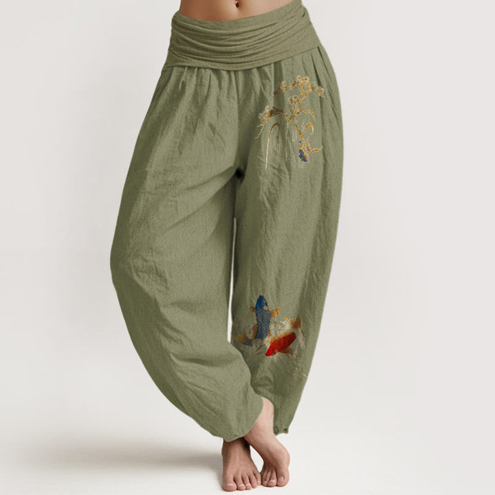 Buddha Stones Pure Cotton Pine Tree Koi Fish Pattern Women's Elastic Waist Harem Pants - OliveDrab - US16，UK/AU20，EU48 (3XL) - image 14