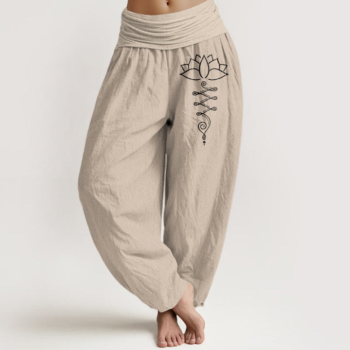 Buddha Stones Unalome Symbol Lotus Flower Pattern Women's Elastic Waist Harem Cotton Pants - Tan - US16，UK/AU20，EU48 (3XL) - image 5