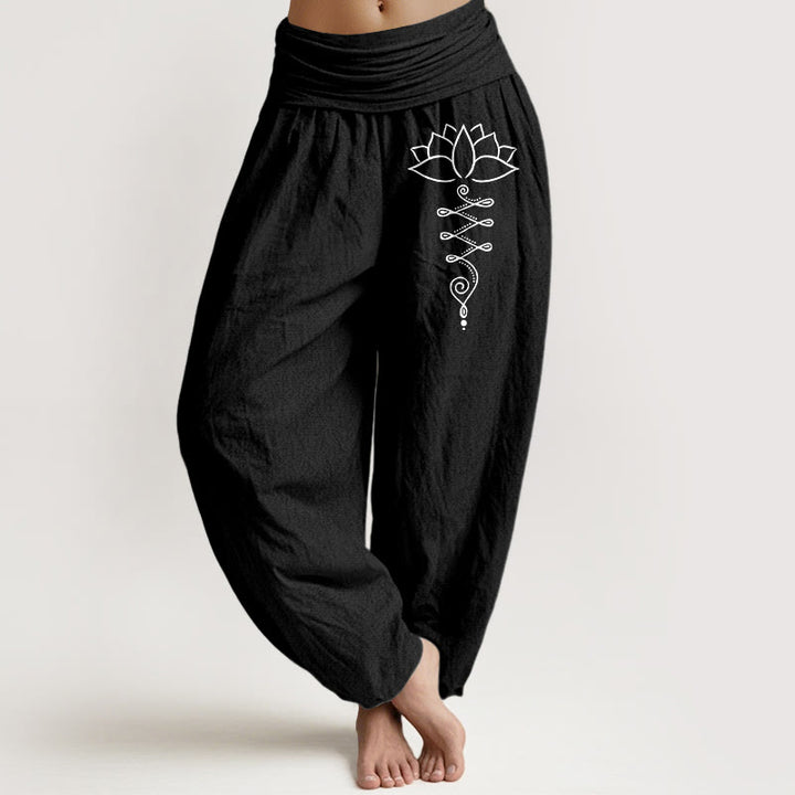 Buddha Stones Unalome Symbol Lotus Flower Pattern Women's Elastic Waist Harem Cotton Pants - Black - US16，UK/AU20，EU48 (3XL) - image 11