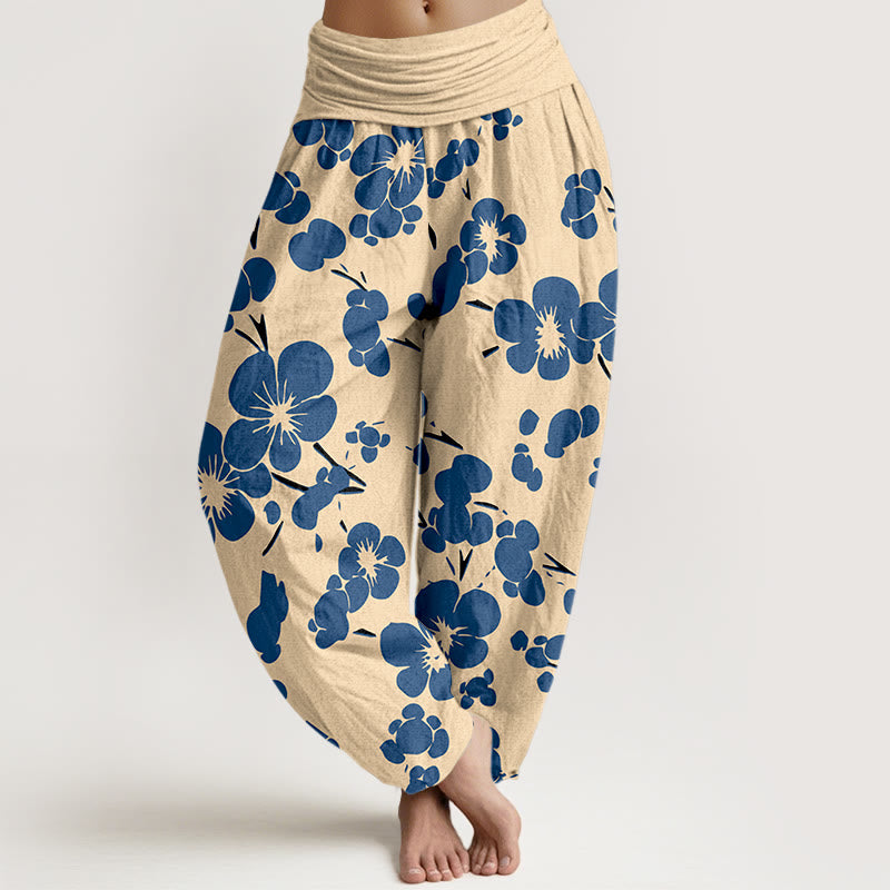 Buddha Stones Pure Cotton Blooming Floral Flowers Women's Elastic Waist Harem Pants - SteelBlue - US16，UK/AU20，EU48 (3XL) - image 0