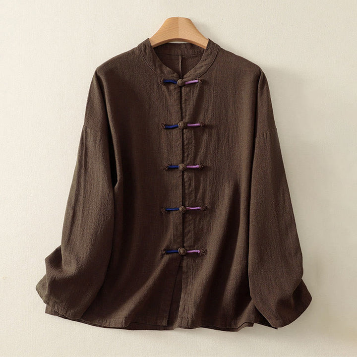 Buddha Stones Plain Chinese Frog-Button Long Sleeve Women's Cotton Linen Zen Clothing Shirt - image 1
