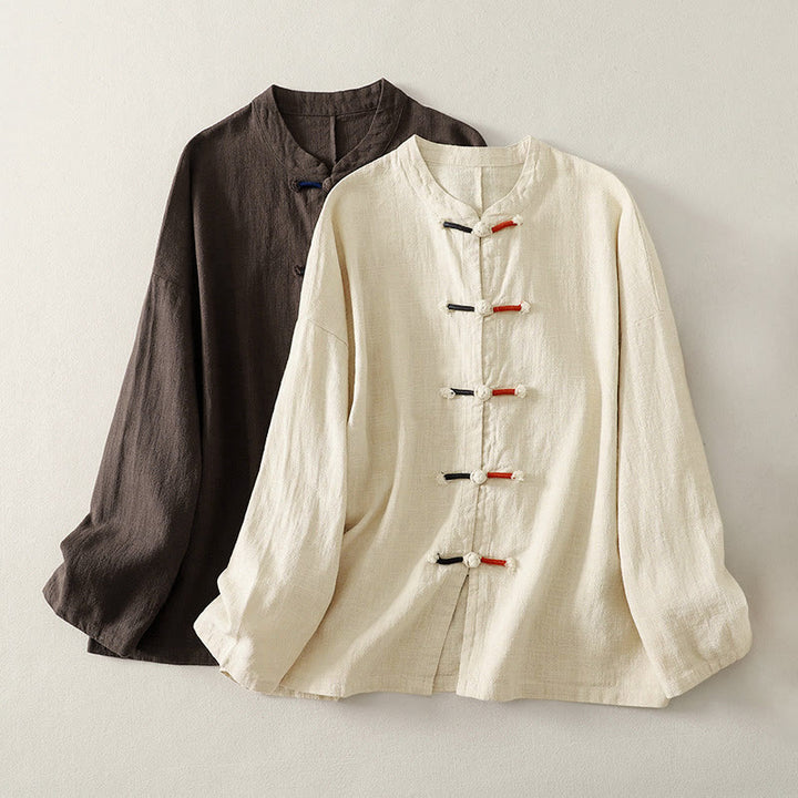 Buddha Stones Plain Chinese Frog-Button Long Sleeve Women's Cotton Linen Zen Clothing Shirt - SaddleBrown - US8-10，UK/AU12-14，EU40-42 (2XL) - image 0