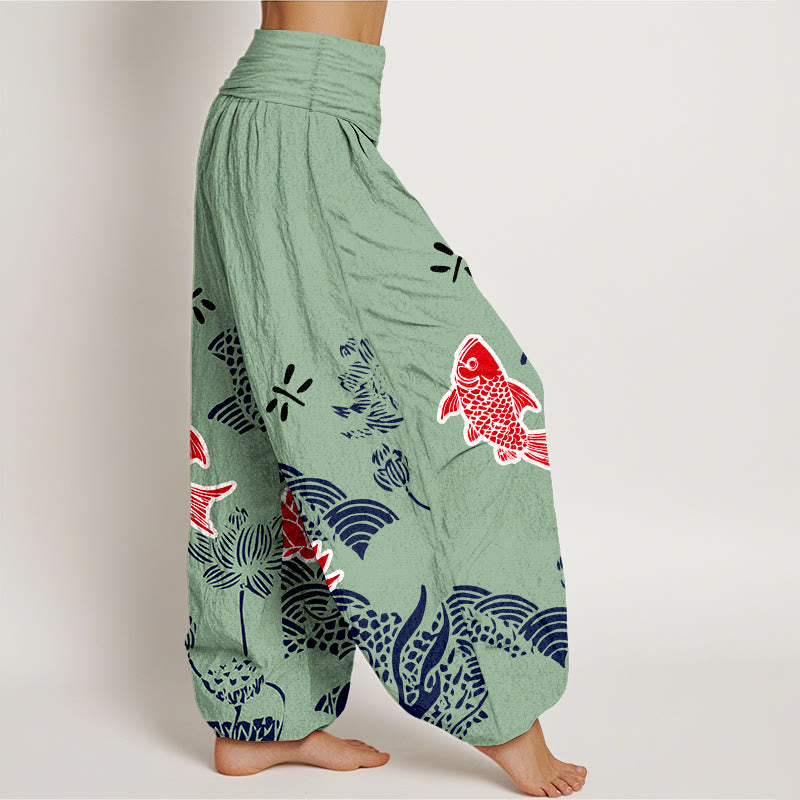 Buddha Stones Pure Cotton Koi Fish Lotus Flowers Ocean Women's Elastic Waist Harem Pants - image 7