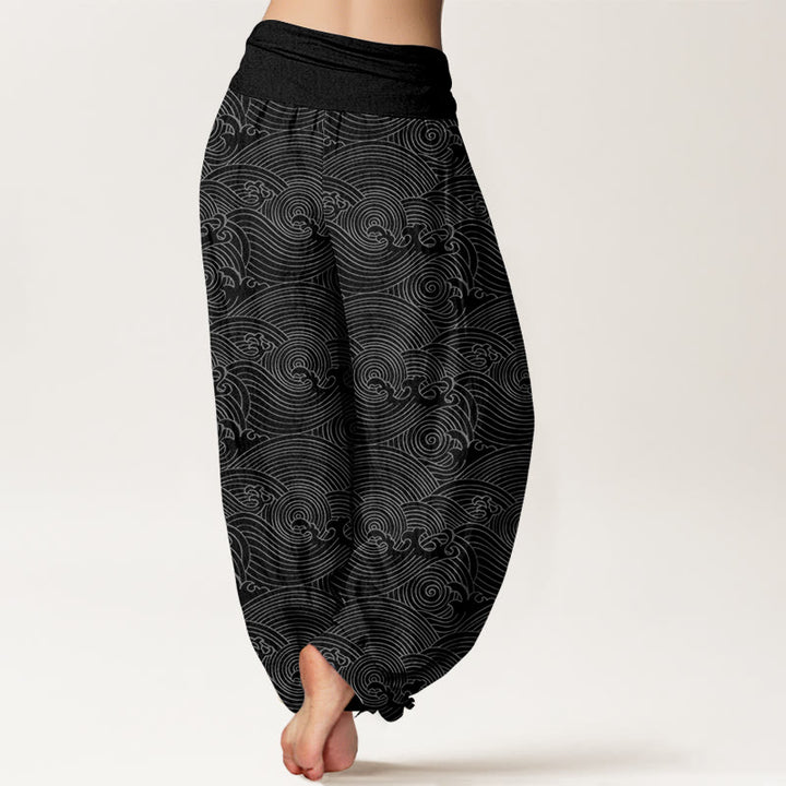 Buddha Stones Pure Cotton Fu Character Ocean Waves Women's Elastic Waist Harem Pants - image 9